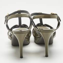 Pre Owned Saint Laurent Grey Patent Leather Tribute Platform Ankle Strap Sandals Size 39
