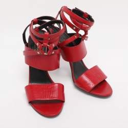 Pre Owned Saint Laurent Paris Red Leather Ankle Strap Sandals Size 38.5