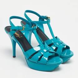Pre Owned Saint Laurent Blue Patent Leather Tribute Platform Sandals Size 39