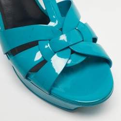 Pre Owned Saint Laurent Blue Patent Leather Tribute Platform Sandals Size 39