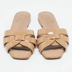 Pre Owned Saint Laurent Beige Patent Leather Tribute Flat Sandals Size 35.5