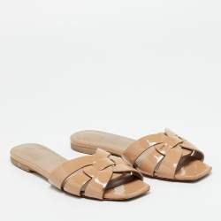 Pre Owned Saint Laurent Beige Patent Leather Tribute Flat Sandals Size 35.5