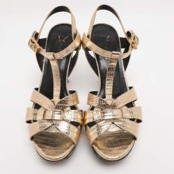 Pre Owned Yves Saint Laurent Lizard Embossed Leather Tribute Ankle Strap Sandals Size 37.5