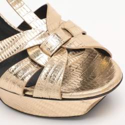 Pre Owned Yves Saint Laurent Lizard Embossed Leather Tribute Ankle Strap Sandals Size 37.5