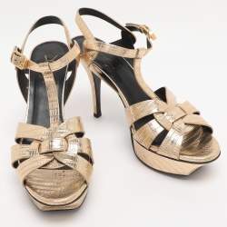 Pre Owned Yves Saint Laurent Lizard Embossed Leather Tribute Ankle Strap Sandals Size 37.5