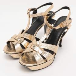 Pre Owned Yves Saint Laurent Lizard Embossed Leather Tribute Ankle Strap Sandals Size 37.5