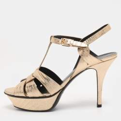 Pre Owned Yves Saint Laurent Lizard Embossed Leather Tribute Ankle Strap Sandals Size 37.5