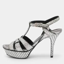 Pre Owned Saint Laurent Paris Silver Faux Snakeskin Leather Tribute Platform Sandals Size 37.5
