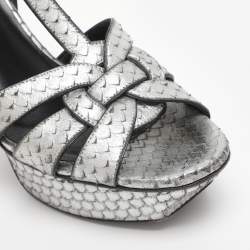 Pre Owned Saint Laurent Paris Silver Faux Snakeskin Leather Tribute Platform Sandals Size 37.5