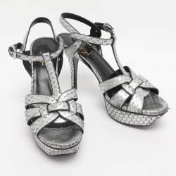 Pre Owned Saint Laurent Paris Silver Faux Snakeskin Leather Tribute Platform Sandals Size 37.5