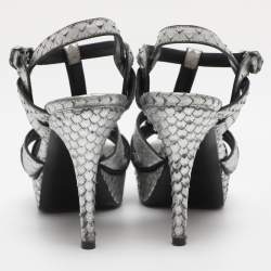 Pre Owned Saint Laurent Paris Silver Faux Snakeskin Leather Tribute Platform Sandals Size 37.5