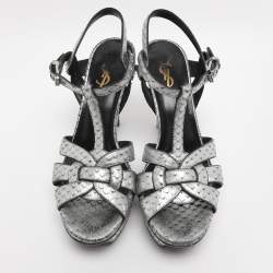 Pre Owned Saint Laurent Paris Silver Faux Snakeskin Leather Tribute Platform Sandals Size 37.5