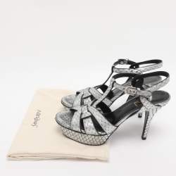 Pre Owned Saint Laurent Paris Silver Faux Snakeskin Leather Tribute Platform Sandals Size 37.5