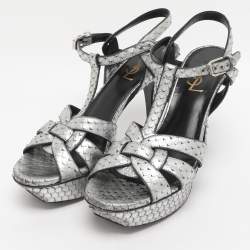 Pre Owned Saint Laurent Paris Silver Faux Snakeskin Leather Tribute Platform Sandals Size 37.5