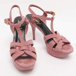 Pre Owned Saint Laurent Paris Pink Suede Tribute Platform Sandals Size 37.5