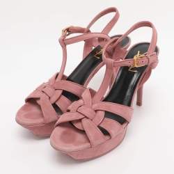 Pre Owned Saint Laurent Paris Pink Suede Tribute Platform Sandals Size 37.5