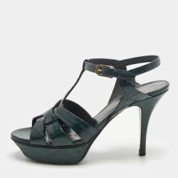 Pre Owned Saint Laurent Green Croc Embossed Leather Tribute Ankle Strap Sandals Size 38