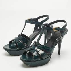 Pre Owned Saint Laurent Green Croc Embossed Leather Tribute Ankle Strap Sandals Size 38