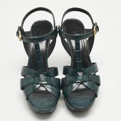 Pre Owned Saint Laurent Green Croc Embossed Leather Tribute Ankle Strap Sandals Size 38