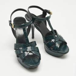 Pre Owned Saint Laurent Green Croc Embossed Leather Tribute Ankle Strap Sandals Size 38