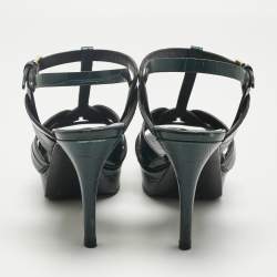 Pre Owned Saint Laurent Green Croc Embossed Leather Tribute Ankle Strap Sandals Size 38