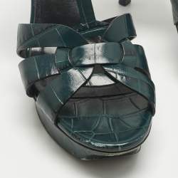 Pre Owned Saint Laurent Green Croc Embossed Leather Tribute Ankle Strap Sandals Size 38