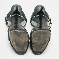 Pre Owned Saint Laurent Green Croc Embossed Leather Tribute Ankle Strap Sandals Size 38