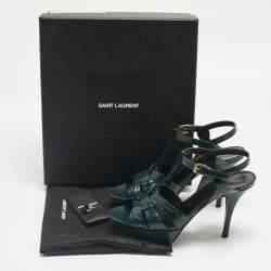 Pre Owned Saint Laurent Green Croc Embossed Leather Tribute Ankle Strap Sandals Size 38