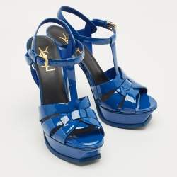 Pre Owned Saint Laurent Blue Patent Leather Tribute Platform Sandals Size 37.5