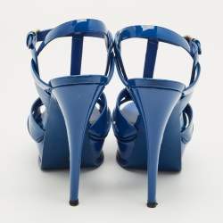 Pre Owned Saint Laurent Blue Patent Leather Tribute Platform Sandals Size 37.5