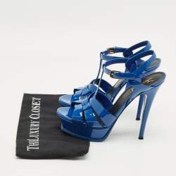 Pre Owned Saint Laurent Blue Patent Leather Tribute Platform Sandals Size 37.5