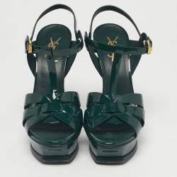 Pre Owned Saint Laurent Green Patent Leather Tribute Platform Sandals Size 38