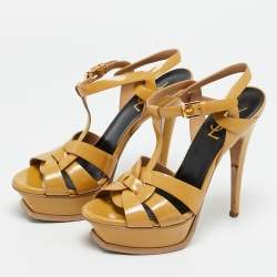Pre Owned Saint Laurent Beige Patent Leather Tribute Platform Sandals Size 36.5