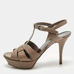 Pre Owned Saint Laurent Brown Lizard Embossed Leather Tribute Platform Sandals Size 39