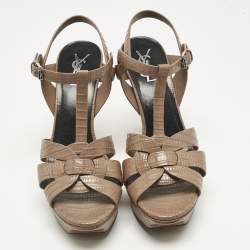 Pre Owned Saint Laurent Brown Lizard Embossed Leather Tribute Platform Sandals Size 39