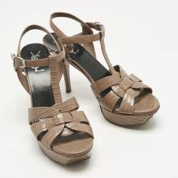 Pre Owned Saint Laurent Brown Lizard Embossed Leather Tribute Platform Sandals Size 39