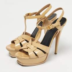 Pre Owned Saint Laurent Beige Patent Leather Tribute Platform Sandals Size 40