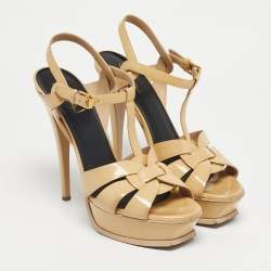 Pre Owned Saint Laurent Beige Patent Leather Tribute Platform Sandals Size 40
