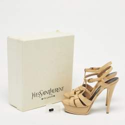 Pre Owned Saint Laurent Beige Patent Leather Tribute Platform Sandals Size 40