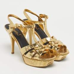 Pre Owned Saint Laurent Gold Croc Embossed Leather Tribute Platform Sandals Size 37.5