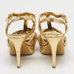 Pre Owned Saint Laurent Gold Croc Embossed Leather Tribute Platform Sandals Size 37.5
