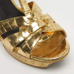 Pre Owned Saint Laurent Gold Croc Embossed Leather Tribute Platform Sandals Size 37.5
