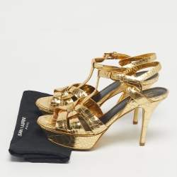 Pre Owned Saint Laurent Gold Croc Embossed Leather Tribute Platform Sandals Size 37.5
