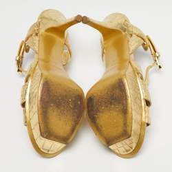 Pre Owned Saint Laurent Gold Croc Embossed Leather Tribute Platform Sandals Size 37.5