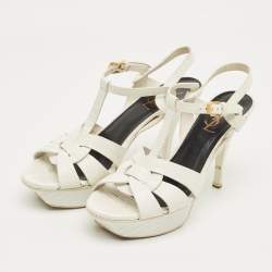 Pre Owned Saint Laurent White Lizard Embossed Leather Tribute Platform Sandals Size 37.5