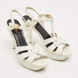 Pre Owned Saint Laurent White Lizard Embossed Leather Tribute Platform Sandals Size 37.5