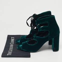Pre Owned Saint Laurent Dark Green Velvet Loulou Ankle Tie Sandals Size 41