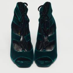 Pre Owned Saint Laurent Dark Green Velvet Loulou Ankle Tie Sandals Size 41