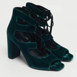 Pre Owned Saint Laurent Dark Green Velvet Loulou Ankle Tie Sandals Size 41