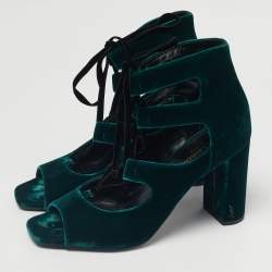 Pre Owned Saint Laurent Dark Green Velvet Loulou Ankle Tie Sandals Size 41